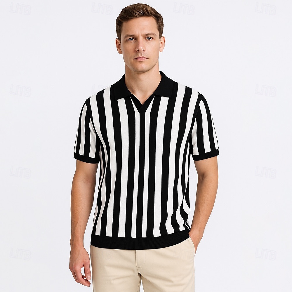 Herren Polo Geschäft Lässig Umlegekragen Kurzarm Gitter Vertikale Streifen V-Ausschnitt Weich Sommer Frühling Herbst Kastanienbraun Dunkelblau Schwarz Dunkelkaffee Polo 2025 - $28.99 –P1