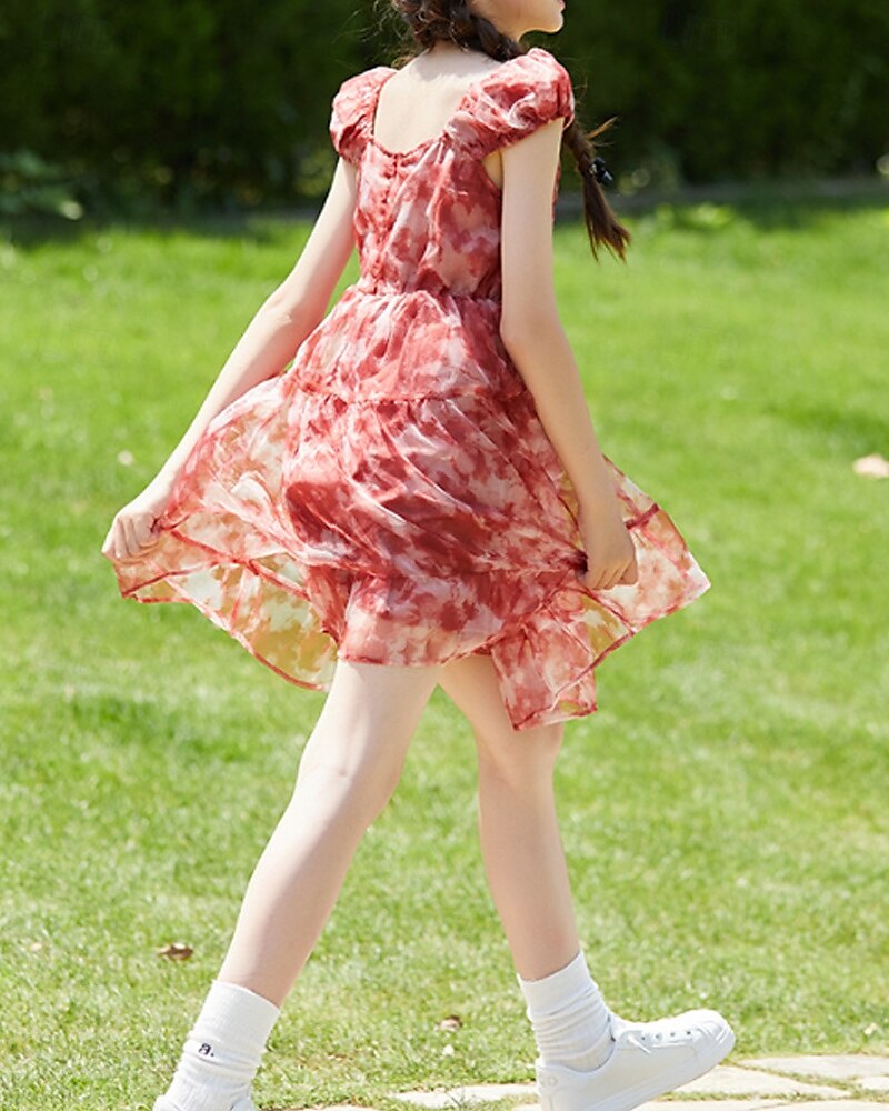 Kids Girls' Dress Flower Short Sleeve Outdoor Ruched Fashion Adorable Polyester Knee-length Casual Dress Floral Dress Summer 4 years+ Red 2025 - $51.99 –P6