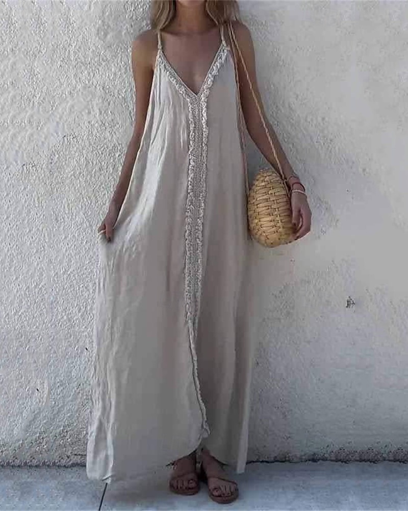 Dámské Dlouhé šaty Maxi šaty Šaty inspirované plátnem Bavlněné lněné šaty Slip Dress Boho šaty Vinobraní Módní Venkovní Párty Dovolená Běžný Bez vzoru Bez rukávů Do V Hnědá Trávová zelená Světle šed 2025 - $32.99 –P3