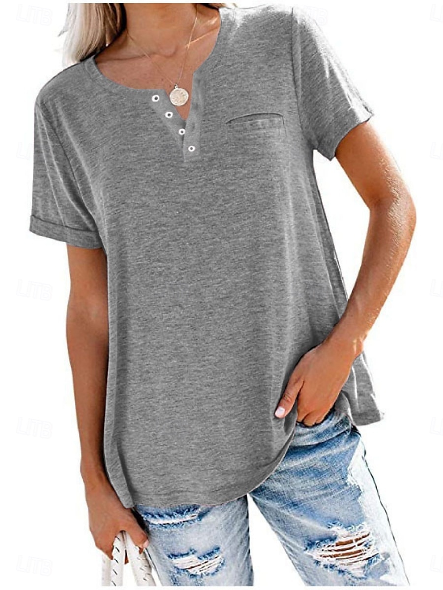 Women's Blouse Solid Color Stylish Casual Short Sleeve V Neck Regular Tops Daily Buttons Pocket Pink Wine Blue Khaki Gray Summer 2025 - $17.99 –P1