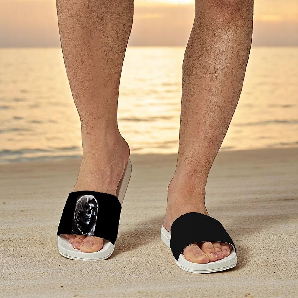 férfi koponyamintás papucs – könnyű, csúszásmentes strandpapucs hétköznapi nyári viseletre, medenceparti vagy tengerparti nyaraláshoz 2025 - $19.99 –P1