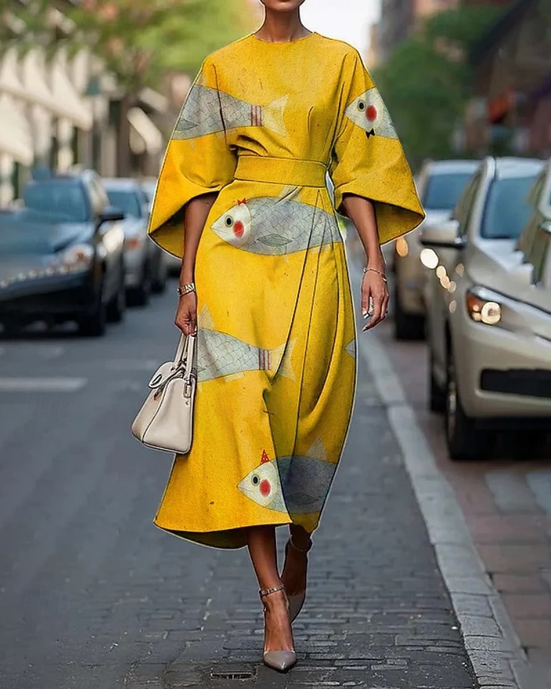 Women's Midi Dress Floral Dress Print Dress Elegant Fashion Outdoor Vacation Holiday Regular Fit Flower Half Sleeve Crew Neck Yellow Wine Red Summer 2026 - $26.99 –P2