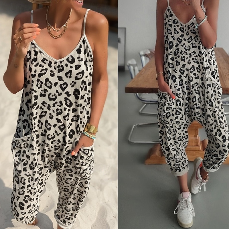 Mujer Normal Mono Ropa de calle Leopardo Sin Mangas Escote en Pico Estampado Calle Noche Ajuste regular Blanco Verano 2026 - $22.99 –P1