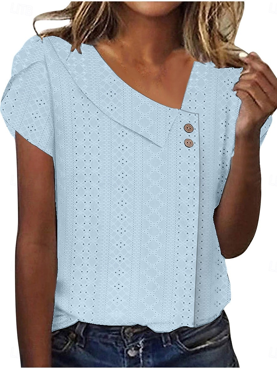 Tricou pentru Femei Culoare Uniformă Simplă Modă Stilat Modern Mâneci Scurte Gât în V Ținute Zilnice Weekend Butoni Ochii Alb Galben Roz Albastru Violet Vară 2025 - $17.99 –P1