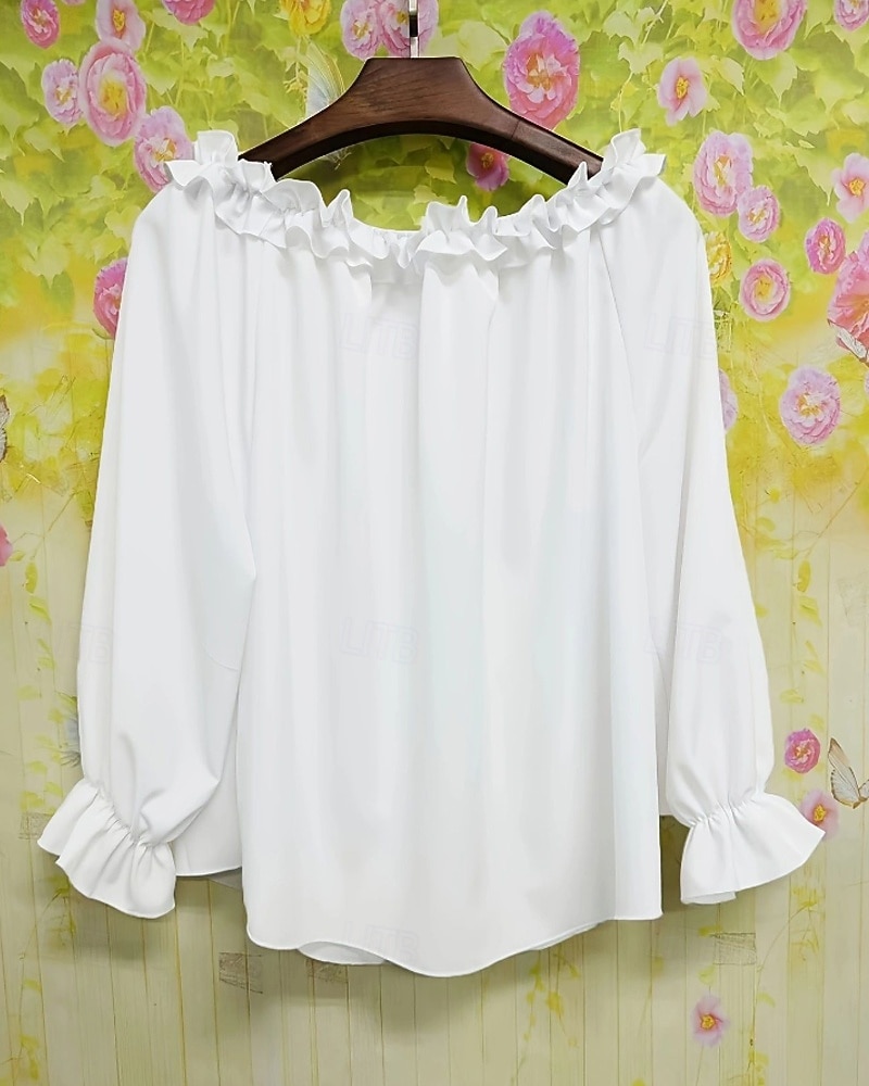 Dam Skjorta Blus Konstbomullslinne Volang Öppen rygg Slät Modern Ledigt Långärmad Över axeln Vanliga toppar Dagligen Helgdag Utekväll Blå Svart Vit Rodnande Rosa Sommar 2026 - $22.99 –P8