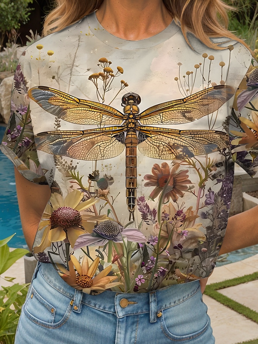 Femmes T-shirt Fleuri Graphique Libellule ancien Élégant Classique Manche Courte Col ras du cou Col rond Hauts Réguliers Quotidien Imprimé Jaune Rouge Bleu Violet Vert Été Printemps de 2025 ? $19.99 –P3