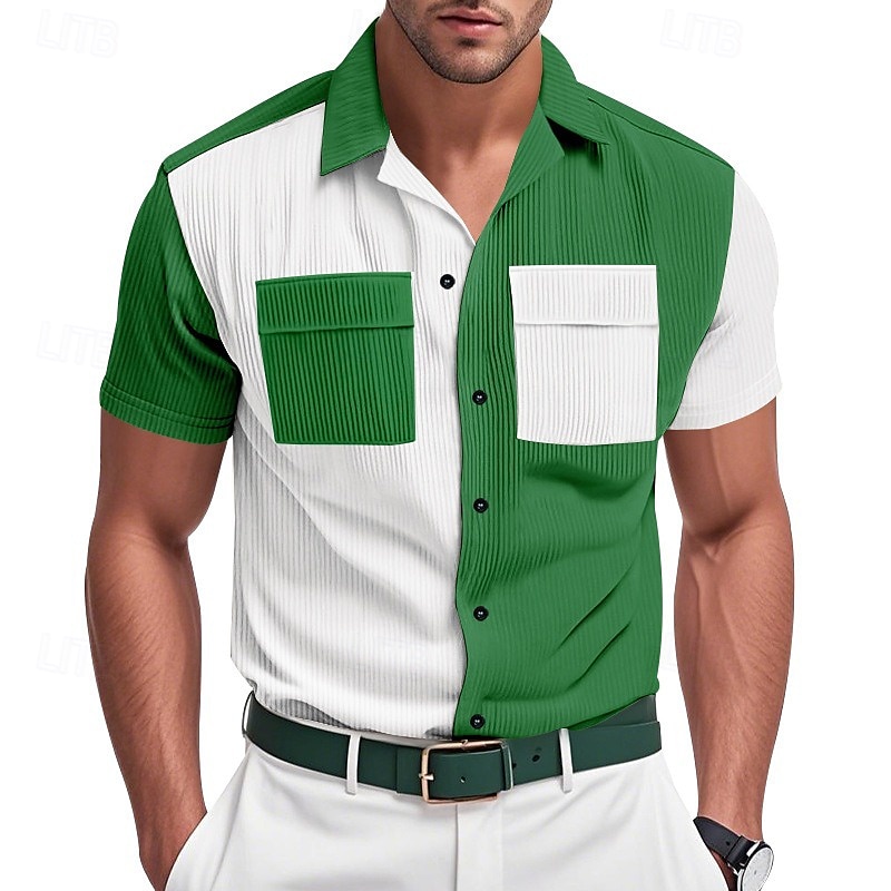 Per uomo Camicia Camicia Estiva Camicia casual Camicia di Velluto a Coste Camicia con Bottoni Camicia cargo Nero Blu Verde Kaki Grigio Manica Corta Blocco di colori Colletto cubano Casuale Quotidiano del 2025 a $21.99 –P4