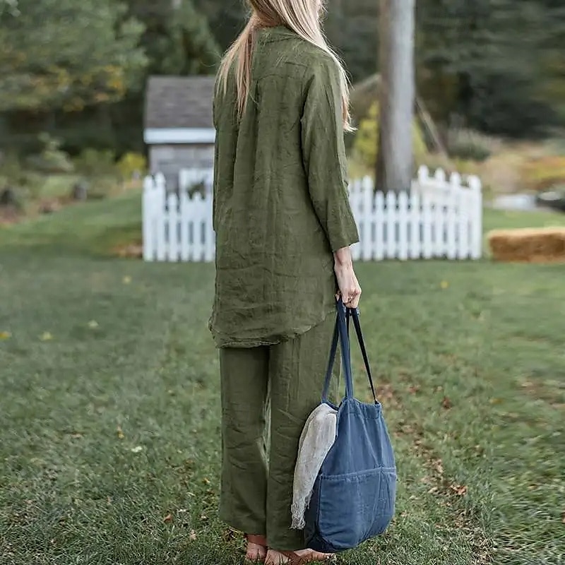 Per donna Moda Streetwear Camicie di cotone e lino Set di biancheria in cotone Set di Pantaloni Manica Lunga Colletto a Camicia Semplice Abbigliamento quotidiano Data Blu Verde Grigio Estate del 2025 a $38.99 –P9