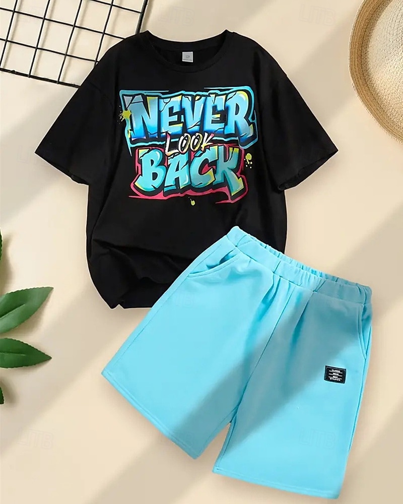 2 osainen Lapset Poikien Puku T-paita ja shortsit Asu Kirjain Lyhythihainen Crewneck Aseta ulko- Urheilu Muoti Kesä 4 vuotta + Musta Valkoinen Rubiini 2025 - $23.99 –P1