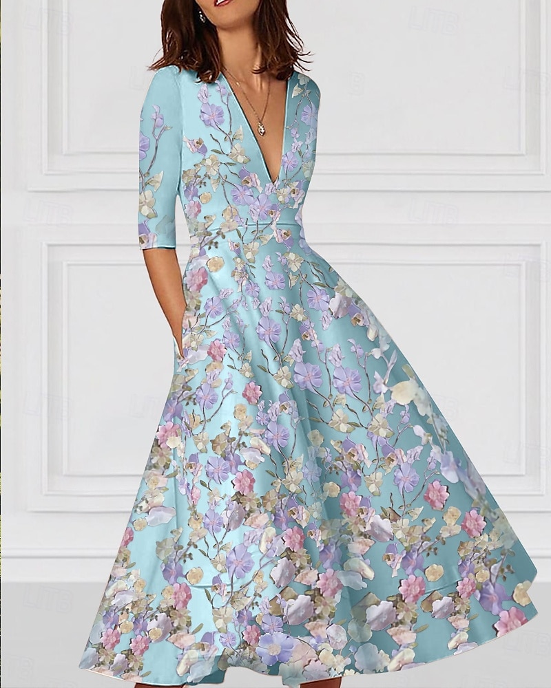 Abito da Cocktail A-Line Floral Elegante Abito Formale Matrimonio Lungo fino alla Caviglia Mezza Manica V Neck Abito Rosa Stretch Crepe con Ricamo e Tasca del 2025 a $154.99 –P4