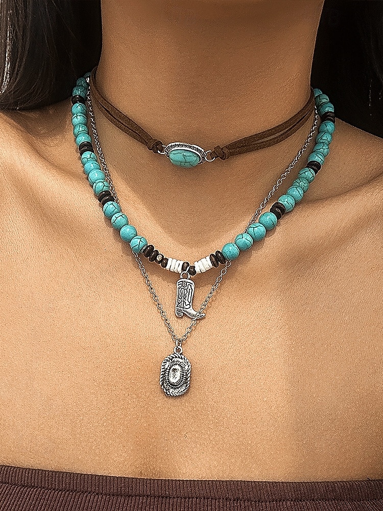 Women's Western Layered Turquoise Beaded Necklace Set – Boho Statement Jewelry with Cactus & Teardrop Charms, Ideal for Festivals, Country Concerts and Casual Wear 2025 - GBP £7.27 –P8