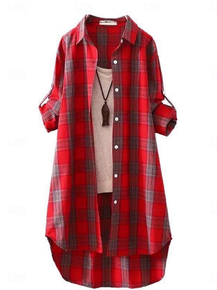 Women's Cotton Linen Shirt Plaid Basic Casual Long Sleeve Shirt Collar Regular Tops Daily Buttons Pocket Print Yellow Red Green Summer 2025 - $18.99 –P2