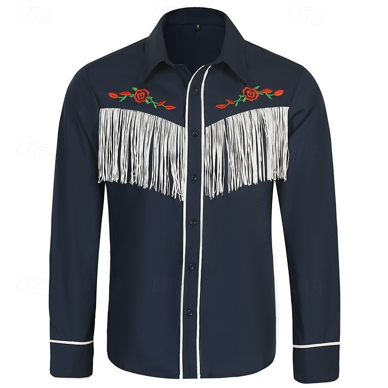 Herren Hemd Sommerhemd Freizeithemd Strandhemd Westernhemd Knopfhemd Schwarz Marineblau Kaki Langarm Einfarbig Blume Revers Urlaub Lässig Bestickt Bekleidung Elegant Vintage 2025 - $29.99 –P7