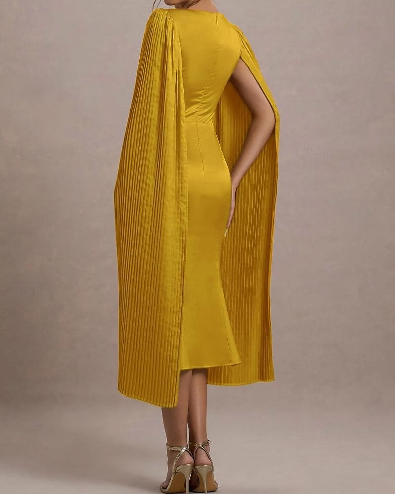 Senapsgul Klänning Fåll Cape Klänning Havfru  Trumpet Cocktail Klänningar Elegant Klänning Formell Bröllop Gäst Klänning Te Längd Midi Längd Fyrkantig Halsringning Siden 2025 - $136.99 –P4