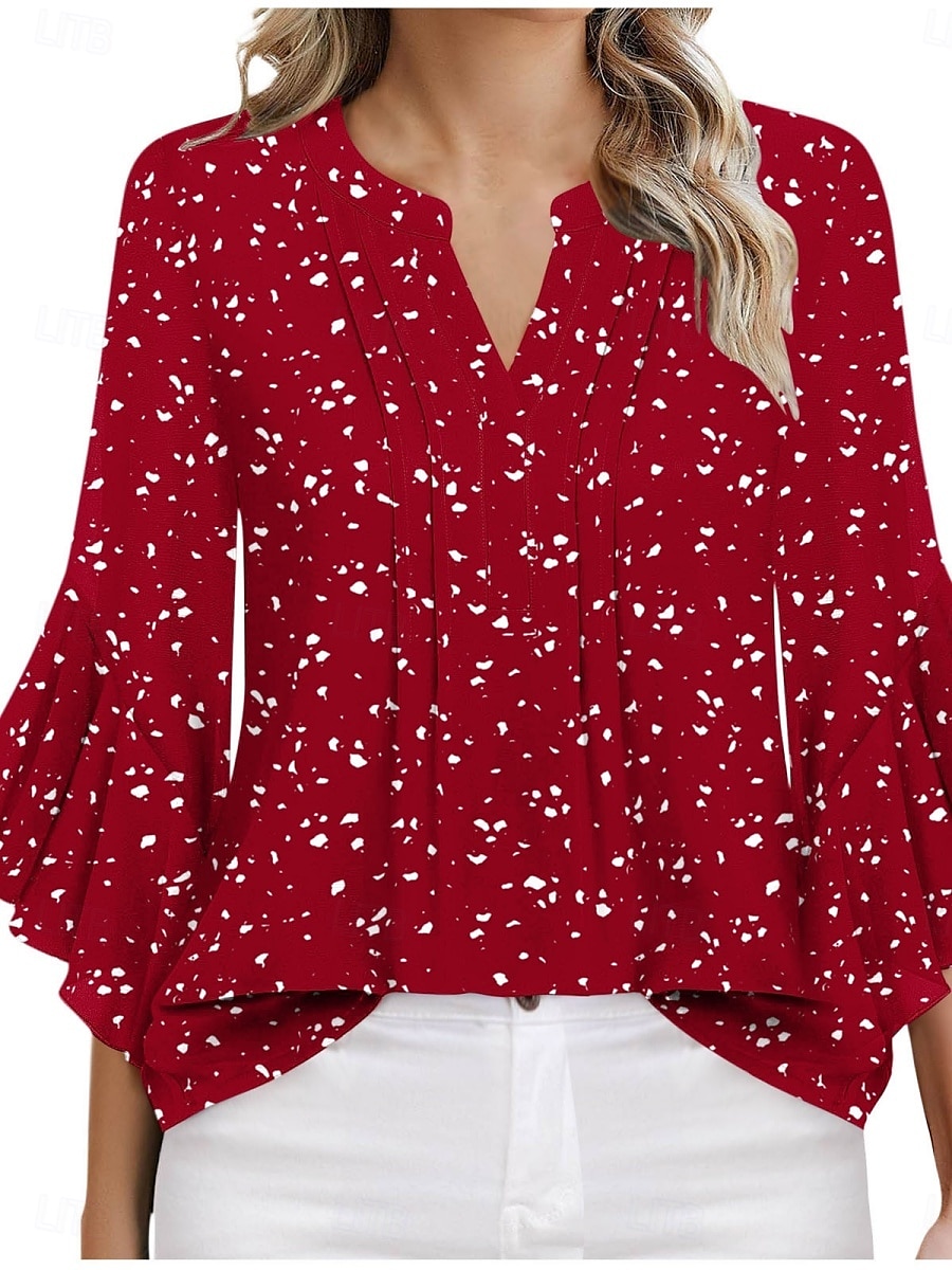 Femmes Chemise Couleur Unie Fleuri Élégant Occasionnel Manche 3/4 Col en V Hauts Réguliers Quotidien A Volants Imprimé Blanche Rose Claire Rouge Vert Été Printemps de 2025 ? $28.99 –P3