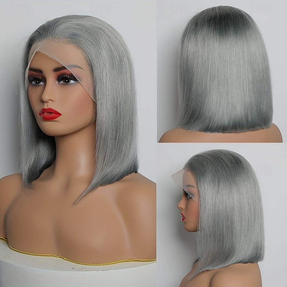 parrucca frontale in pizzo con capelli umani grigi 13x4, parrucca corta e liscia in pizzo con densità del 150% del 2025 a $169.99 –P1