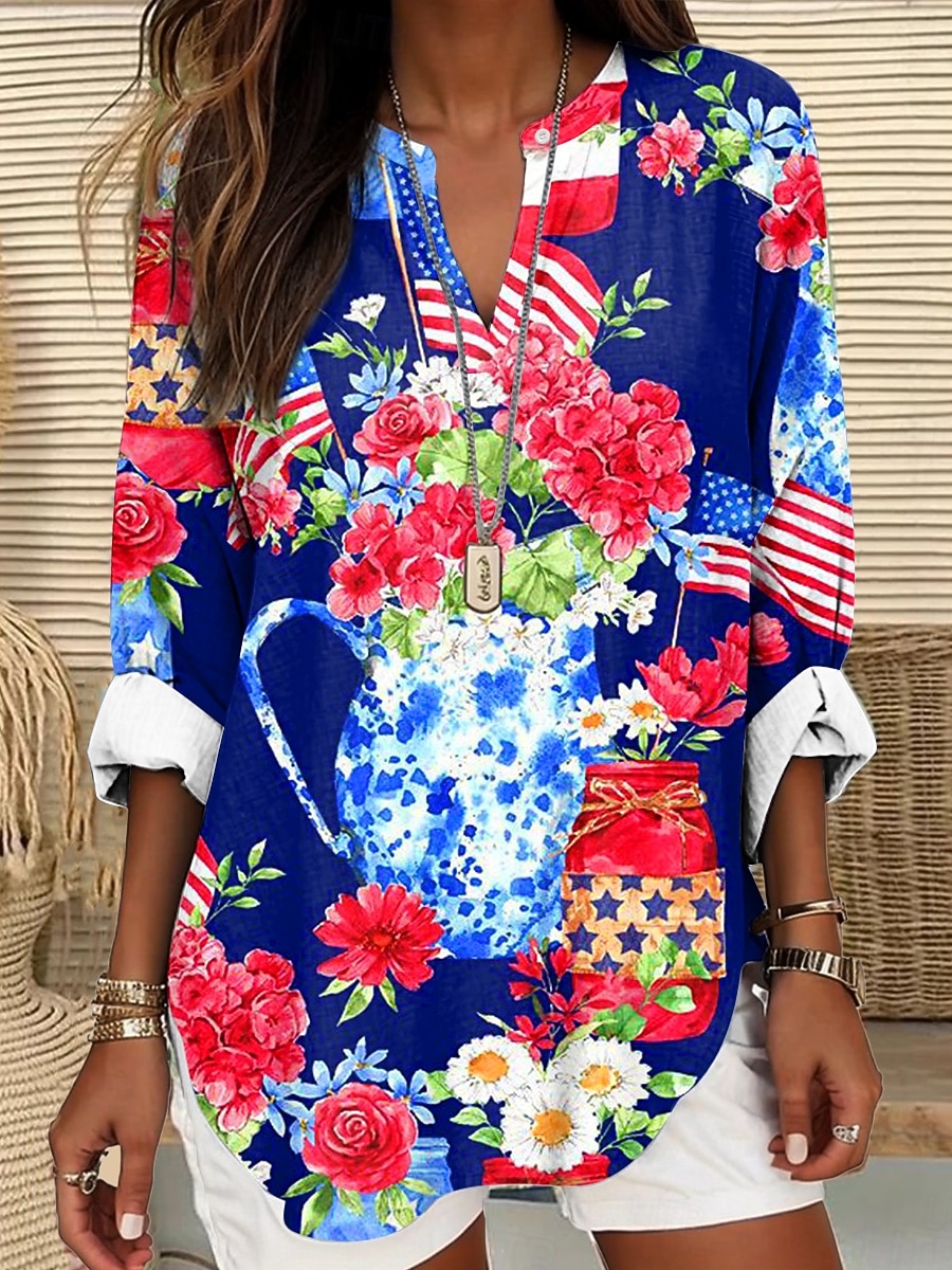 Blusa Patriottica Giorno dell'Indipendenza per Donne Simil Lino Traspirante Leggero Tunica Collo a V Maniche Lunghe Boho Casual Grafica Bandiera Vintage Tropicale Regolare Wear Stampa Giornale del 2026 a $32.99 –P4