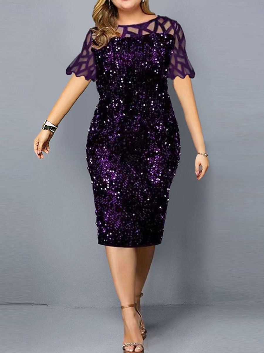 Kleid Brautmutter Kleid Elegant Rundhalsausschnitt Tee Länge Spitze Kurzarm mit Pailletten 2025 - $40.99 –P4