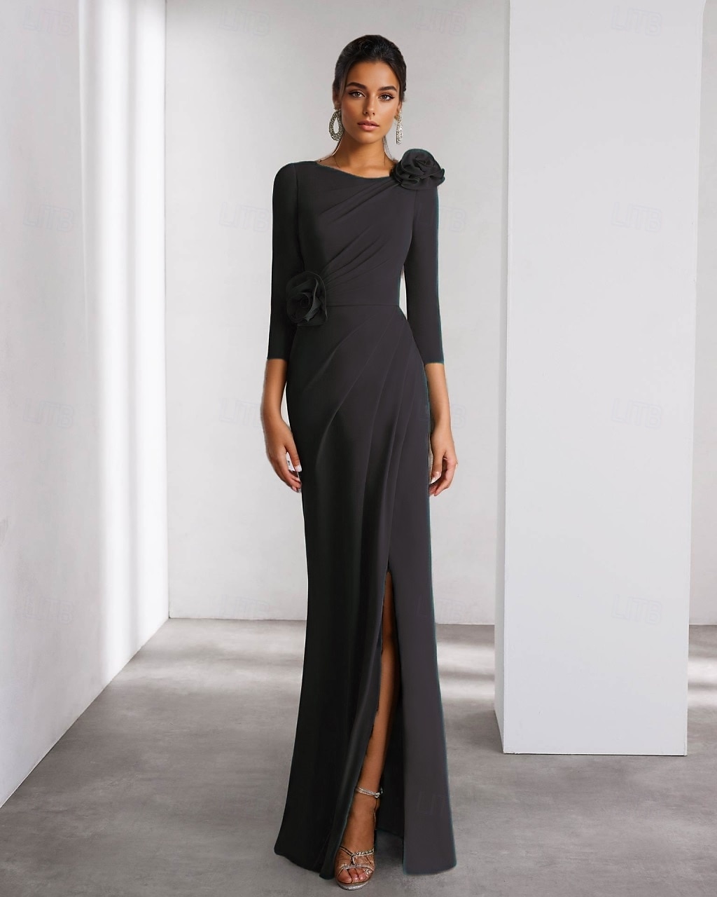 A-Line Evening Gown Elegant Dress Formal Wedding Floor Length Long Sleeve Crew Neck Detachable Stretch Crepe with Shouder Flower 2025 - $125.99 –P8