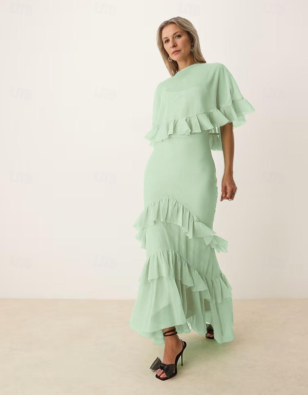 A-Linie Brautmutter Kleid Rohe Kanten Einfach Minimalistisch Boot-Ausschnitt Bodenlang Chiffon Kurzarm mit Kaskade Rüschen 2025 - $123.99 –P4