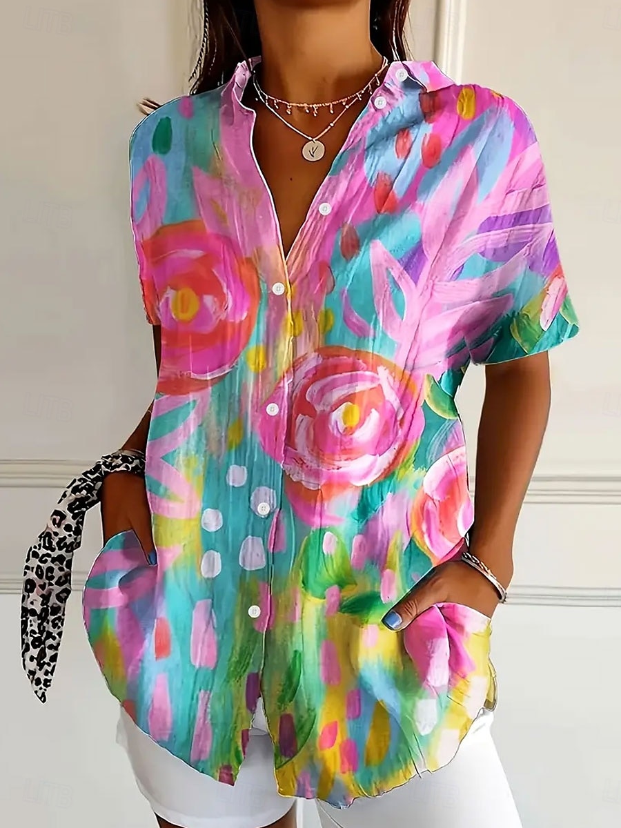 Pentru femei Cămașă Floral Grafic Zilnic Casual Manșon scurt Guler Cămașă Topuri obișnuite Zilnic Roz Îmbujorat Albastru piscină Portocaliu Maro Vară 2025 - $24.99 –P3