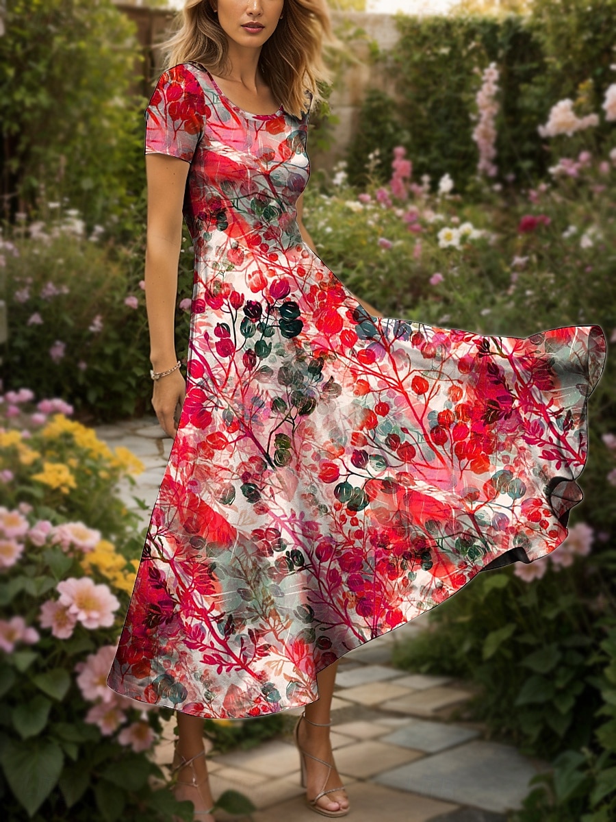 Damen Maxikleid Freizeitkleid A Linie Kleid Sommerkleid Elegant Urlaub Lässig Normale Passform Grafik Blatt Kurzarm Quadrathals Rundausschnitt Gelb Rote Blau Purpur Sommer 2025 - $30.99 –P6