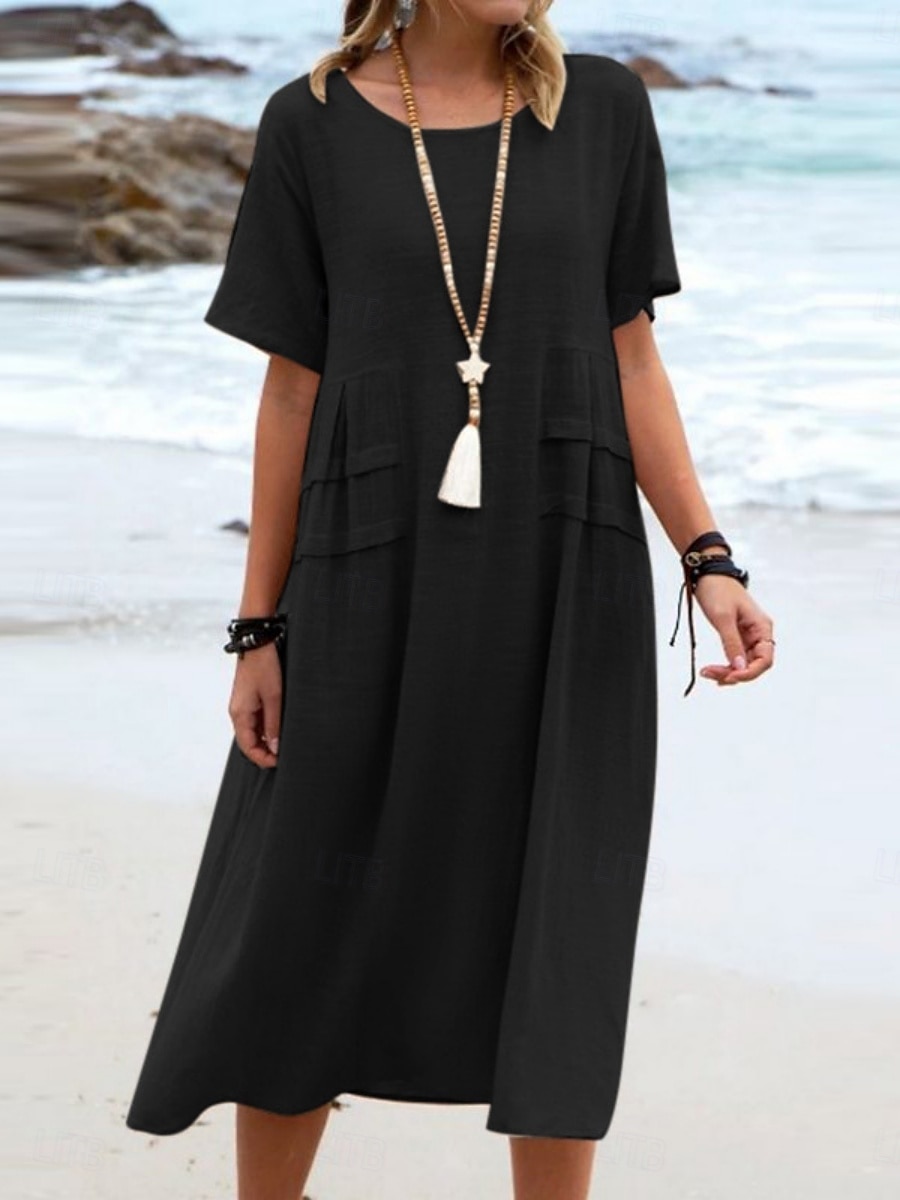 Damen Midikleid Baumwoll-Leinen-Kleider Freizeitkleid Sommerkleid Klassisch Modern Täglich Wochenende Normale Passform Einfach Kurzarm Rundhalsausschnitt Schwarz Gelb Rosa Königsblau Sommer 2025 - $12.49 –P7