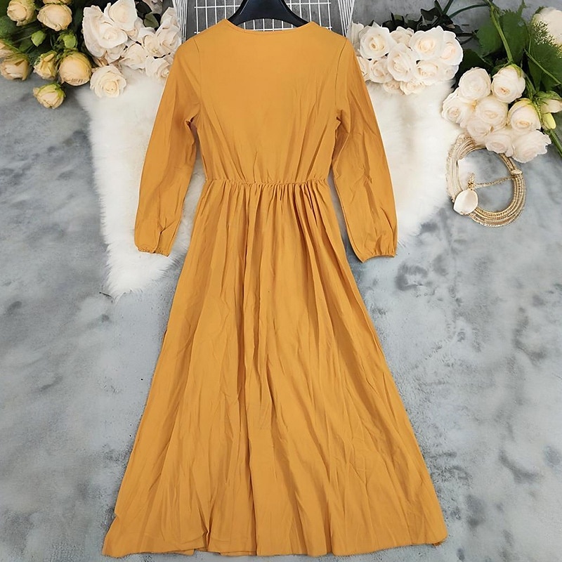 Per donna Abito Midi Abito in cotone e lino Abito Boho Classico Moderno All'aperto Vacanza Quotidiano Vestibilità regolare Semplice Manica Lunga Scollo a V Giallo Estate del 2025 a $29.99 –P3