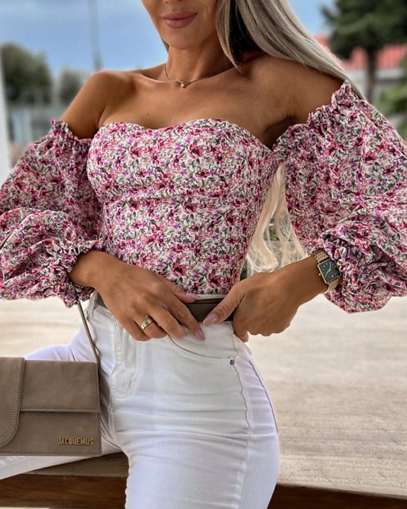 Damen Boho-Hemd Bluse Blume Modern Boho Langarm Schulterfrei Normale Oberteile Täglich Ausgehen Druck Erröten Sie Rosa Rosa Wein Rote Purpur Sommer 2025 - $21.99 –P19