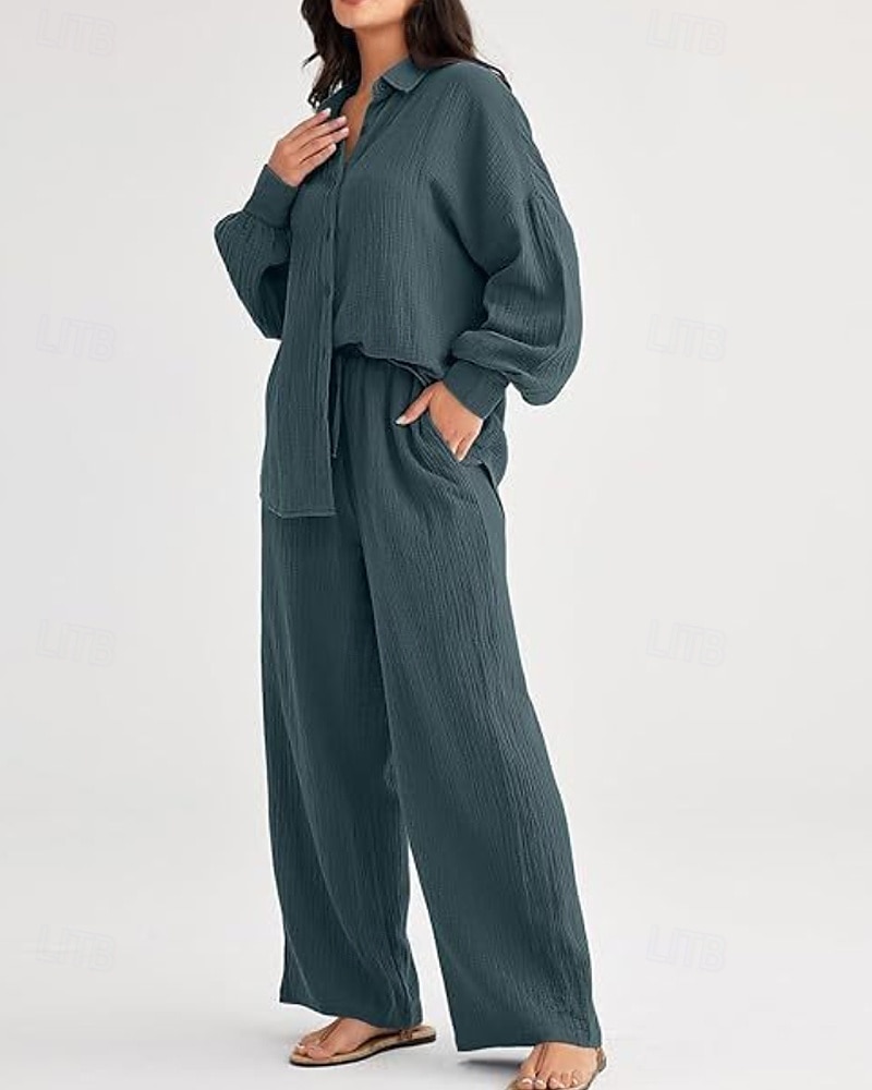 Women's Active Fashion Cotton Linen Shirts Cotton Linen Sets Blouse Long Sleeve Shirt Collar Solid Color Dubbele Rij Knopen Holiday Casual Daily Black Ivory Wine Summer Regular Fit 2025 - $37.99 –P5
