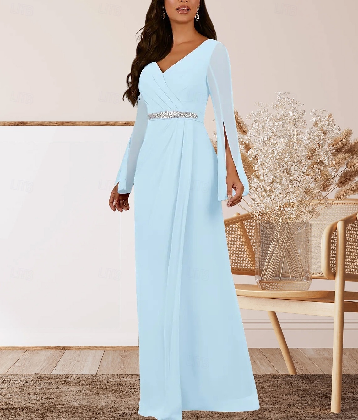 A-Linie Brautmutterkleid Hochzeitsgast Elegant V Ausschnitt Bodenlang Chiffon Langarm mit Kristalle Raffung 2025 2025 - $157.99 –P1