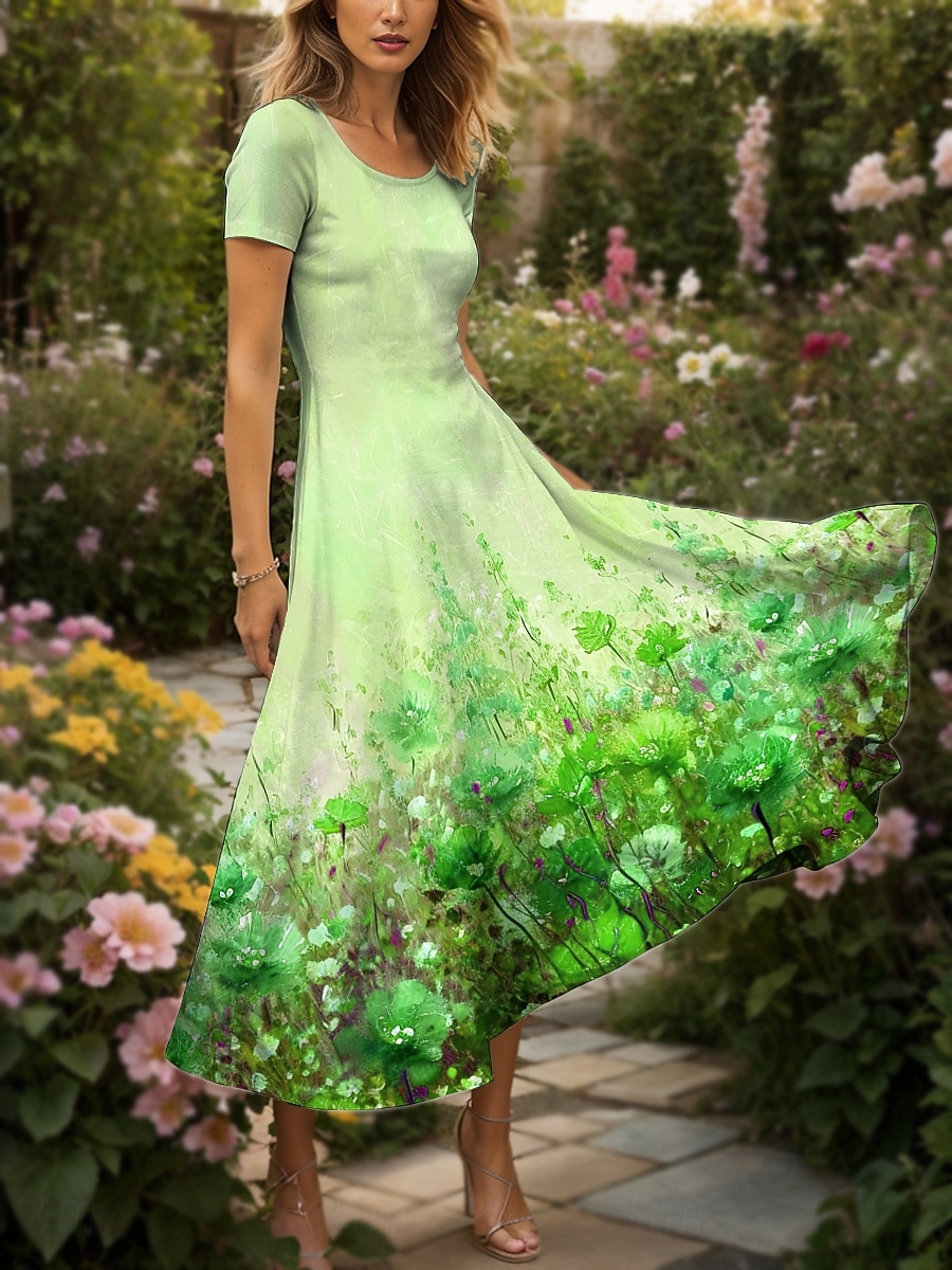 Dame Maxikjole Strikket Trøje Uformell kjole Kjole med A-linje Sommerkjole Elegant Ferie Fritid Normal Nyanse Blomstret Grafisk Kortermet Firkantet hals Gul Rød Blå Lilla Sommer 2025 - $31.99 –P6