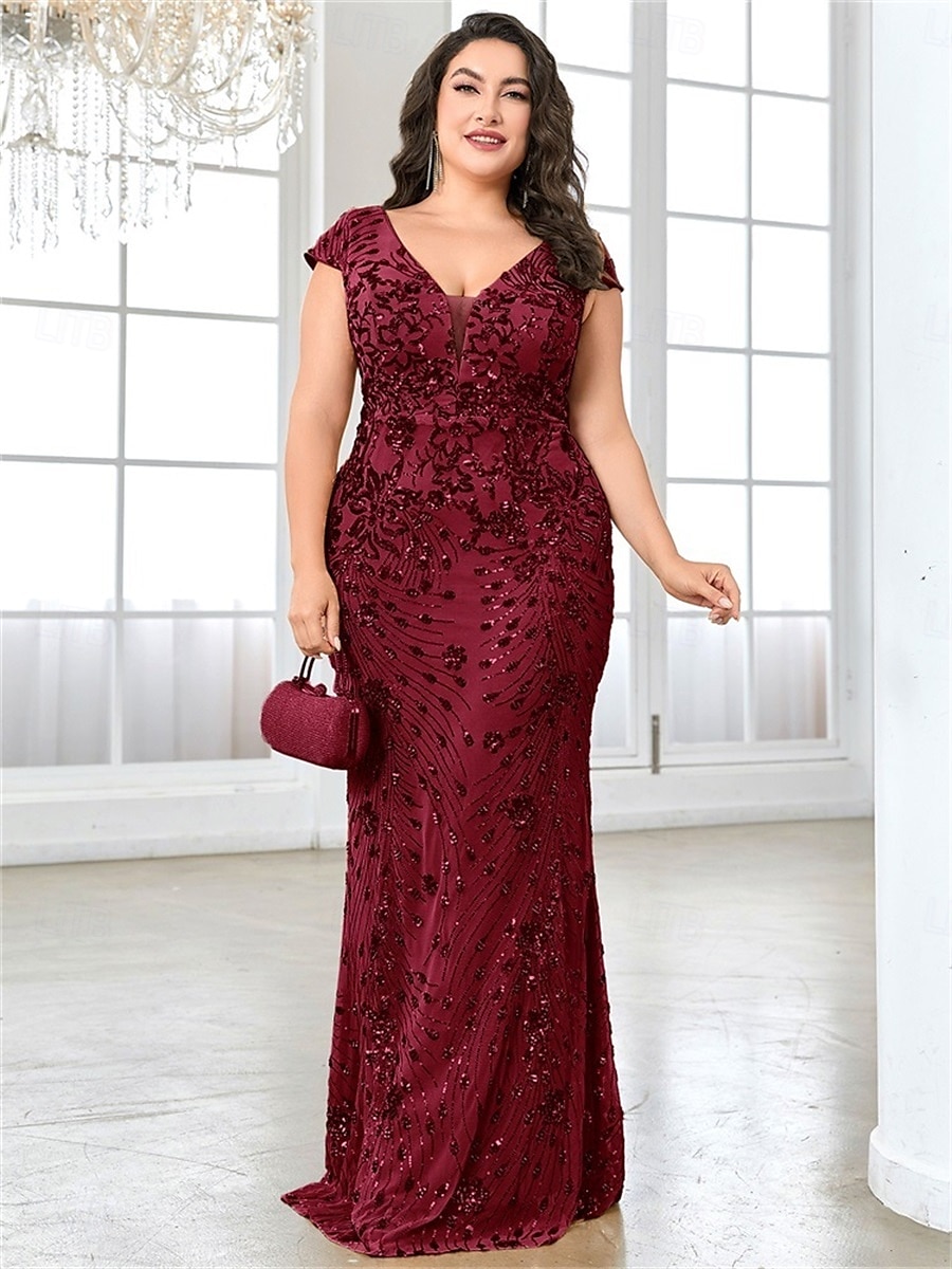Mermaid / Trumpet Plus Size Dresses Elegant Curve Dress Formal Wedding Floor Length Short Sleeve V Neck Lace Backless with Sequin 2025 - $159.99 –P11