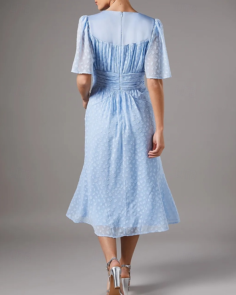 Himmelblau verbrannte Punkte Spitze A-Linie Mutter der Braut Kleid Elegant Einfach Hochzeitsgastkleid V-Ausschnitt Bodenlang Chiffon Spitze Kurzarm mit Raffung 2025 - $129.99 –P3