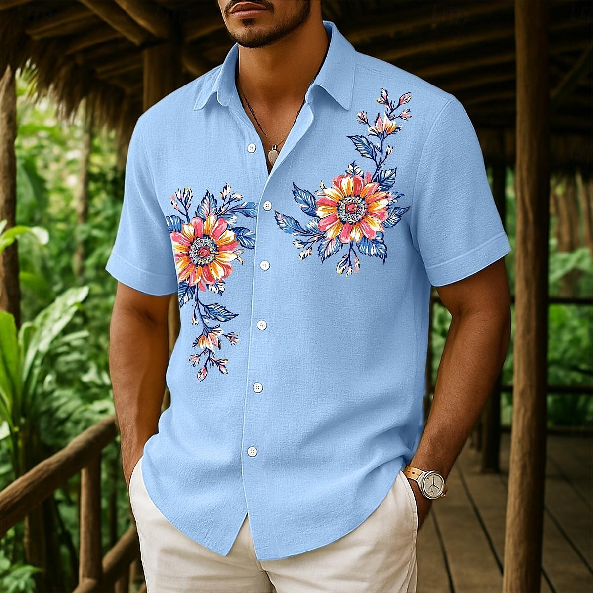 Per uomo Camicia Camicia di lino Camicia Estiva Camicia da Spiaggia Camicia con Bottoni Floreale Casuale Ferie Giallo Rosa Blu marino Verde Manica Corta Collo ripiegato Estate Abbigliamento Tasca del 2025 a $23.99 –P6