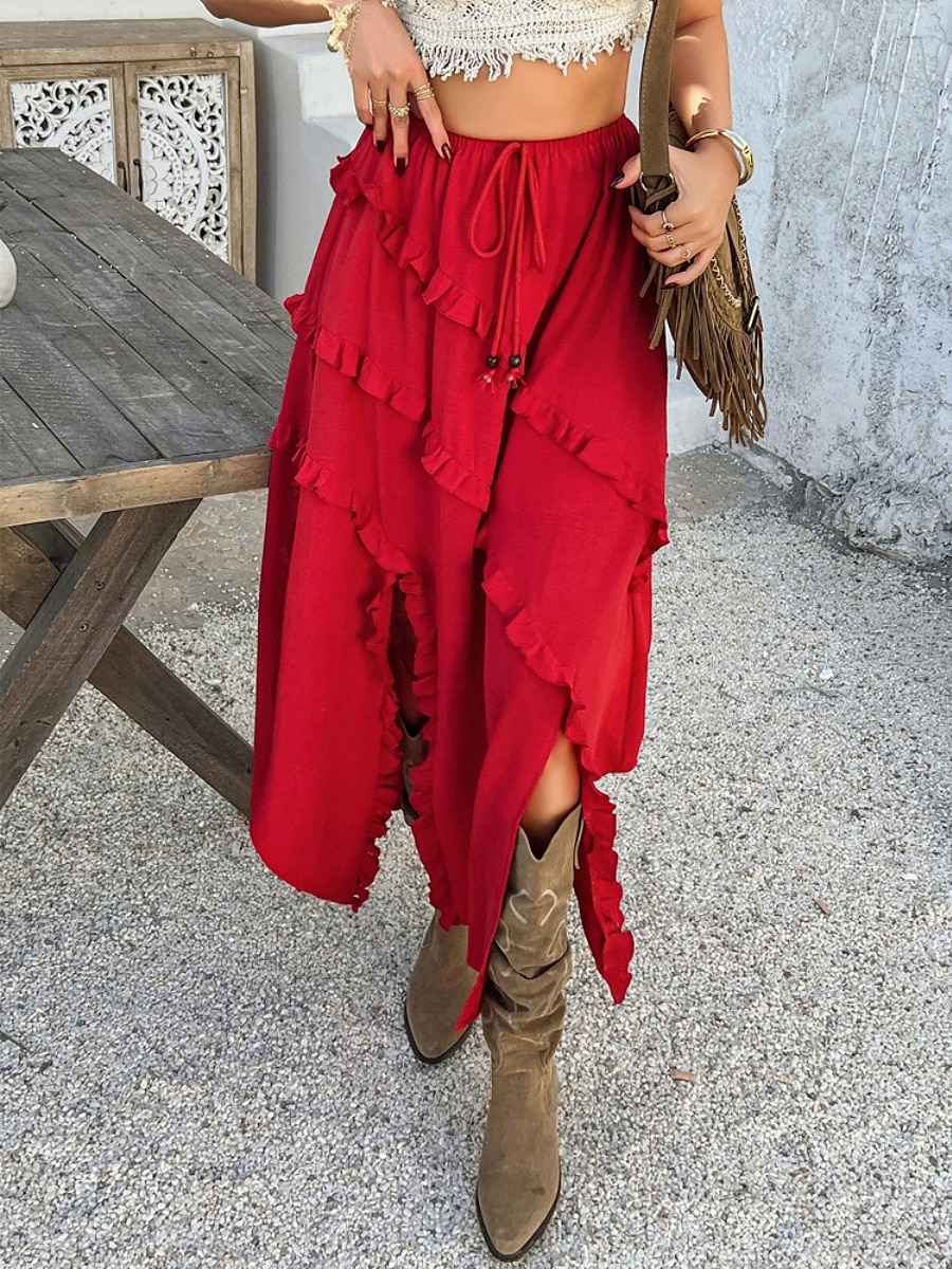 Damen Rock A-Linie Mode Lässig Maxi Hohe Taille Röcke Einfach Rüsche Mikroelastisch Urlaub Straße Schwarz Weiß Rote Blau Sommer Polyester 2025 - $37.99 –P15