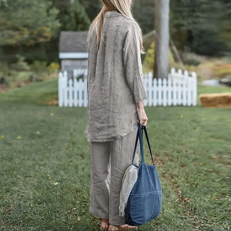 Per donna Moda Streetwear Camicie di cotone e lino Set di biancheria in cotone Set di Pantaloni Manica Lunga Colletto a Camicia Semplice Abbigliamento quotidiano Data Blu Verde Grigio Estate del 2025 a $38.99 –P3