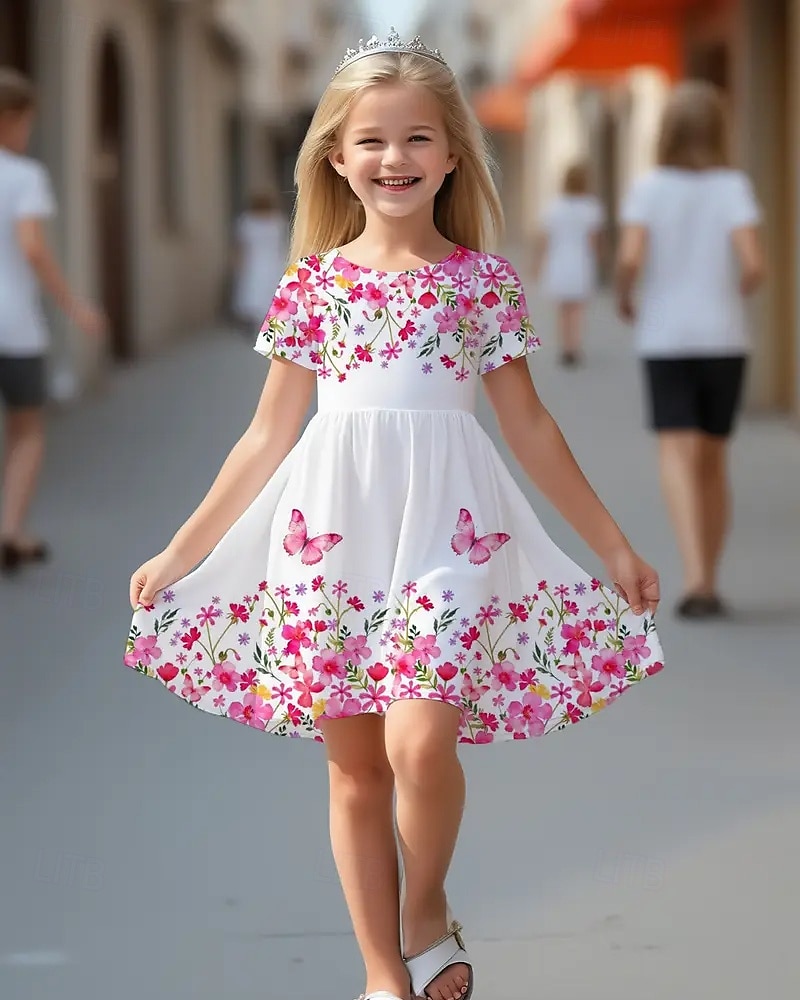 ragazze' 3D Floreale Farfalla Abito Manica Corta Estate Primavera Vacanza Quotidiano Ferie Principessa Bello Dolce Bambini 4-12 Anni Vestito Casual Abito a trapezio Lunghezza al ginocchio Vestibilit del 2025 a $15.99 –P1