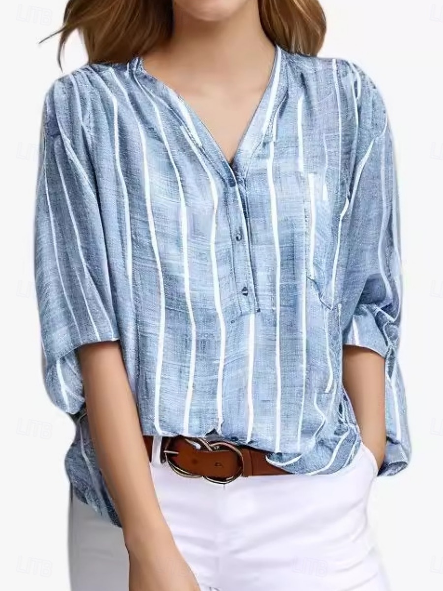 Dames Overhemd Gestreept Stijlvol Casual Lange mouw V-hals Normale tops Dagelijks Afdrukken Wit blauw Grijs Licht Blauw Zomer Lente 2025 - $18.99 –P4