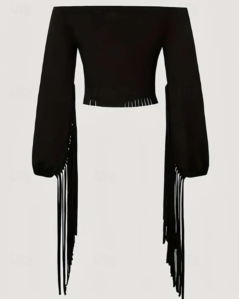 Damen Boho-Hemd Bluse Einfach Boho Langarm Schulterfrei Crop Tops Ferien Ausgehen Fransen Schwarz Braun Sommer 2025 - $18.99 –P4