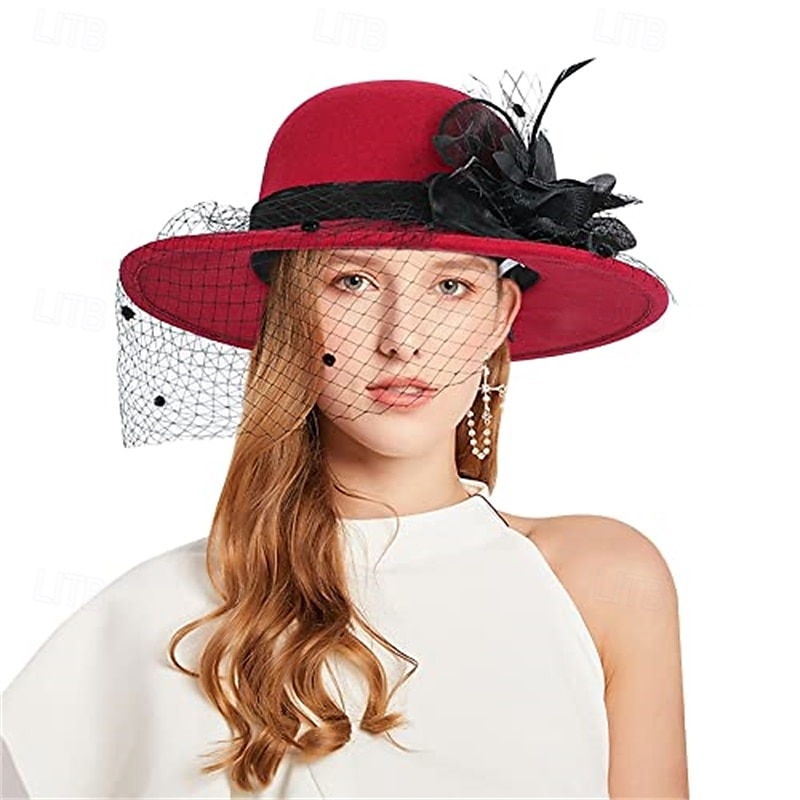 Vintage Fedora Bucket Hat with Removable Mesh Flowers Feathers Elegant Ladies Bowler Hat Winter Warm Wide Brim Church Derby Hat for Wedding Race Banquet 2025 - $23.99 –P8