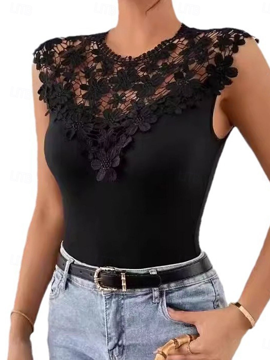 Dam Camisole linne Ensfärgat Elegant Dagligen Stylish Ärmlös Rund hals Vanliga toppar Dagligen Ihålig Svart Sommar Vår 2025 - $19.99 –P4