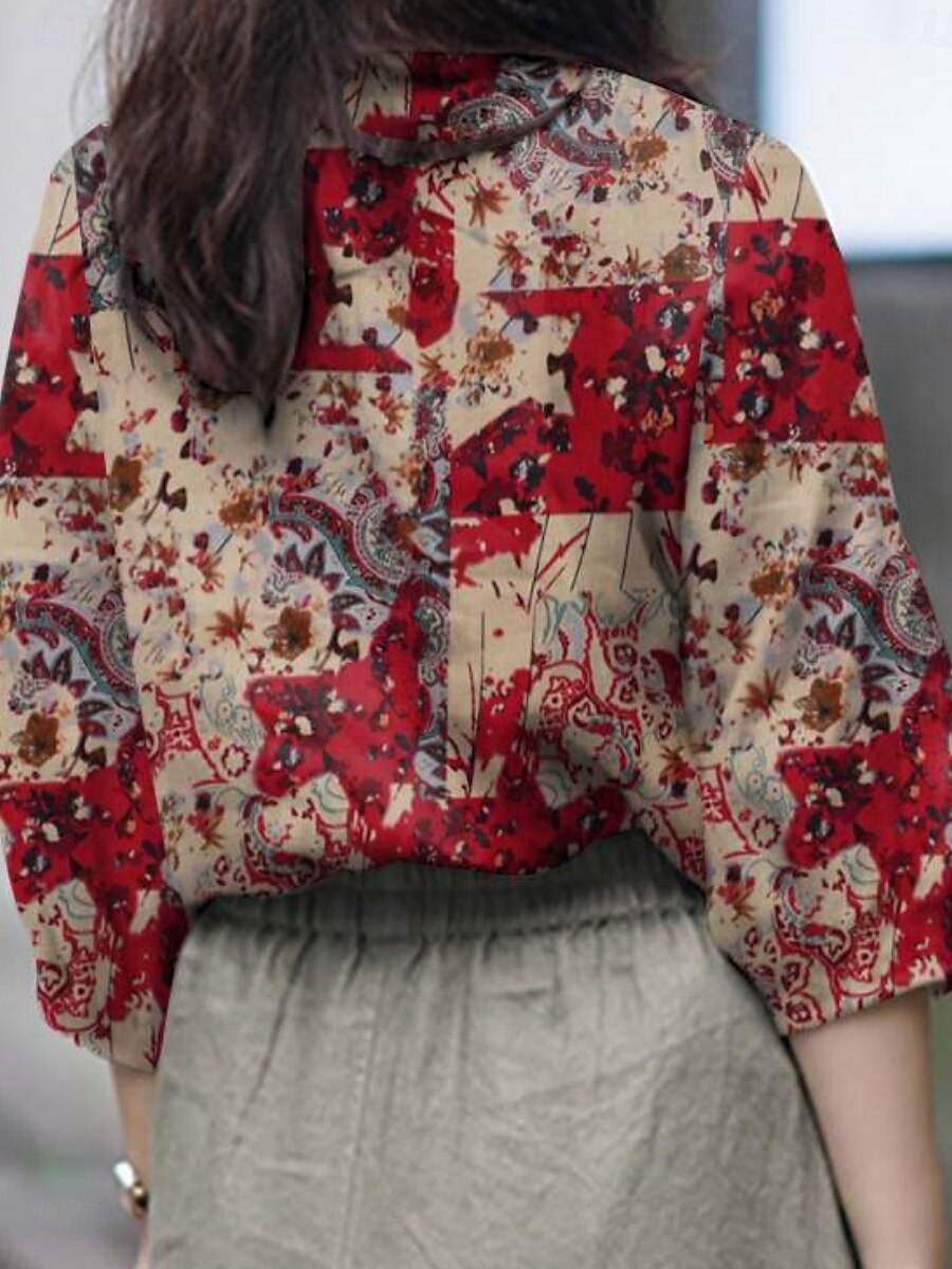 Dames Overhemd Bloemig Dagelijks Retro vintage Modern Lange mouw Overhemdkraag Normale tops Dagelijks Feestdagen Knop Afdrukken Rood blauw Khaki Zomer 2025 - $14.49 –P4