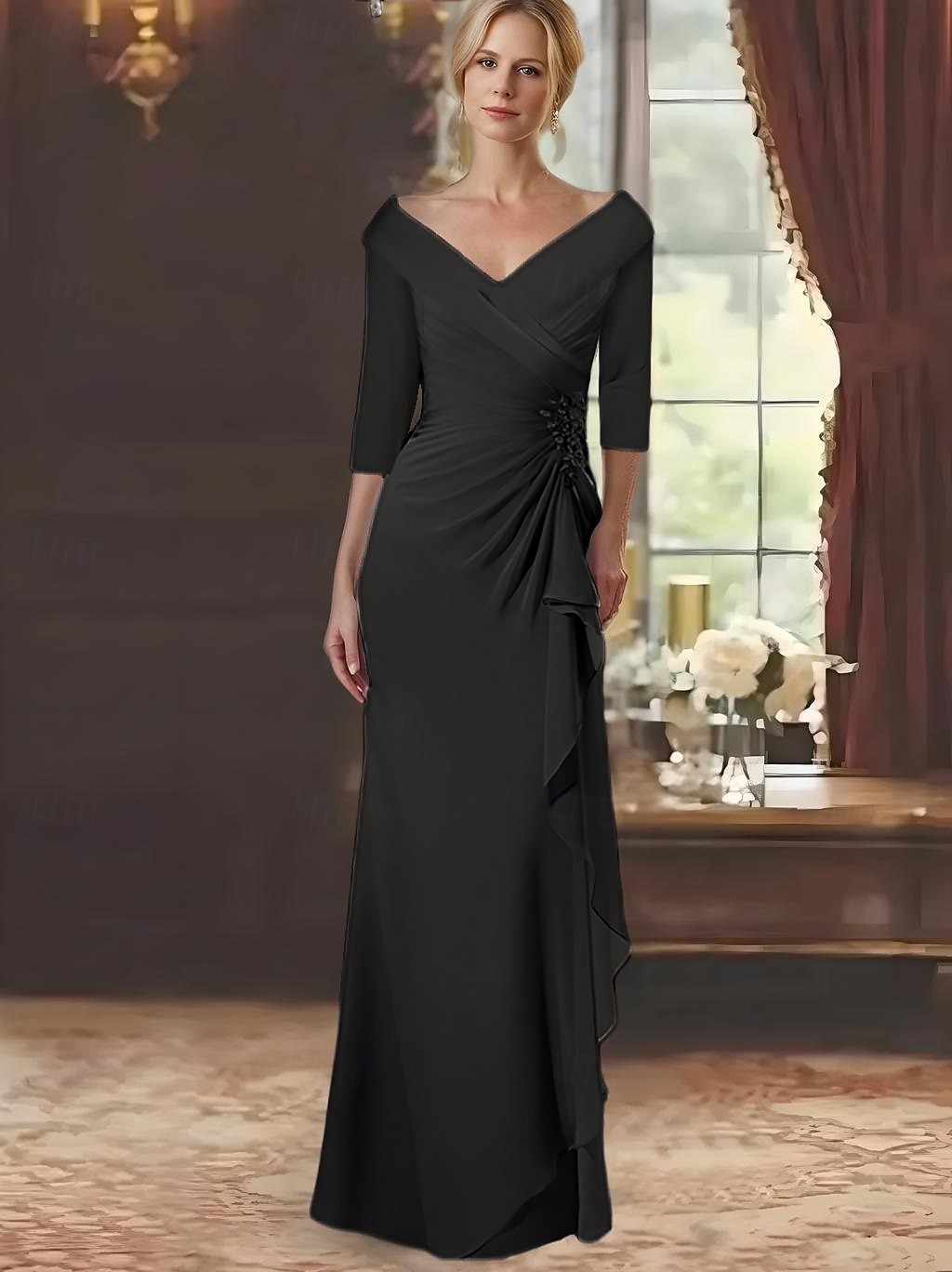 A-vonalú Anyának a Menyasszonyhoz Ruha Elegáns V Nyakú Padló Hossza Chiffon Csipke Hosszú Ujjú Leomló Rózsákkal 2025 - $139.99 –P3