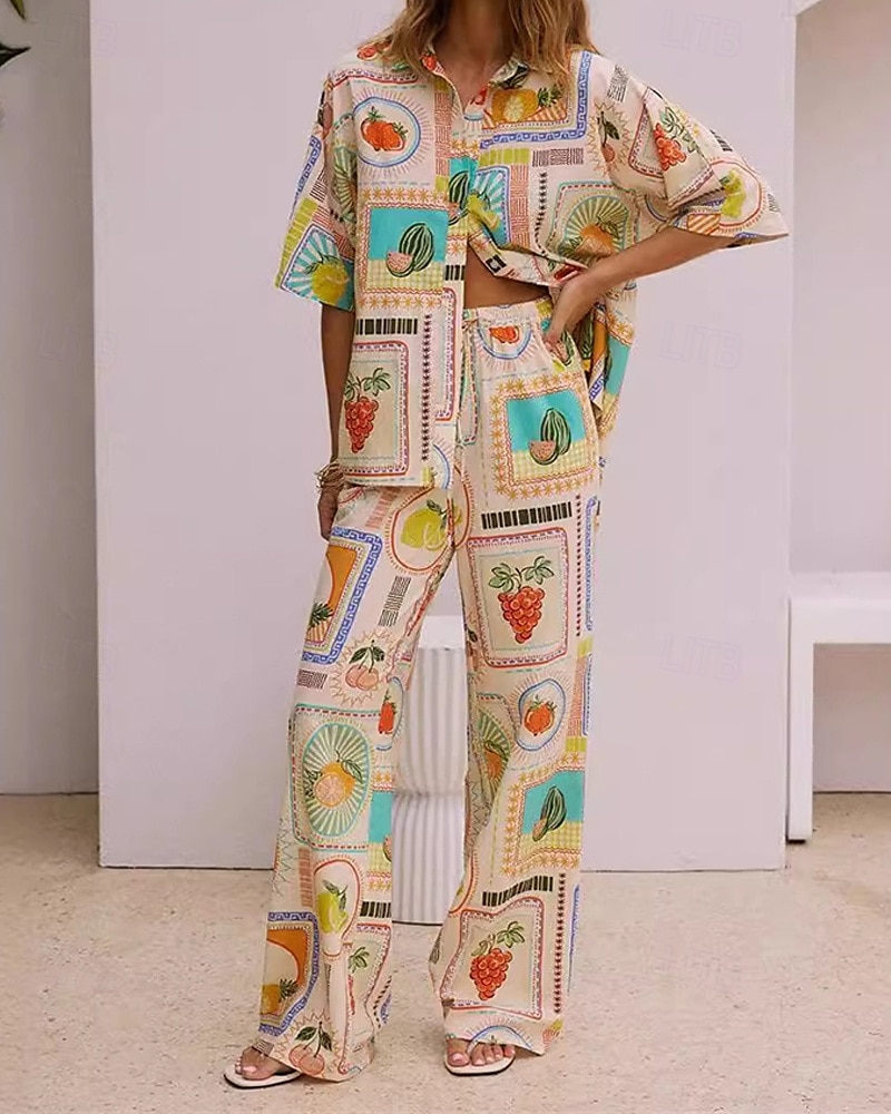 Per donna Moda Streetwear Camicie di cotone e lino Set di biancheria in cotone Set di Pantaloni Manica Corta Colletto a Camicia Frutta Stampato Abbigliamento quotidiano Data Cachi Estate Vestibilit del 2025 a $43.99 –P2