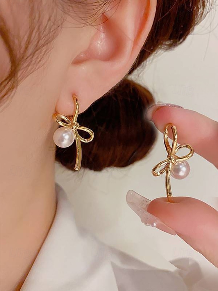 Women's Elegant Bow Knot Pearl Drop Earrings – Dainty Gold or Silver Plated Studs for Romantic Dates, Weddings and Daily Wear 2025 - $11.99 –P3