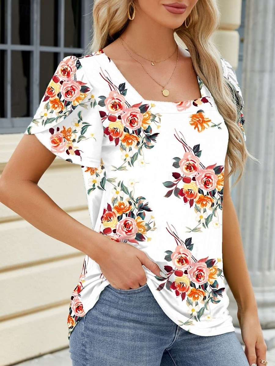 Damskie Podkoszulek Kwiaty Moda Nowoczesny Codzienny Krótki rękaw Kwadratowy dekolt Zwykłe topy Codzienny Weekend Biały Wino Niebieski Zielony Lato 2025 - $17.99 –P8