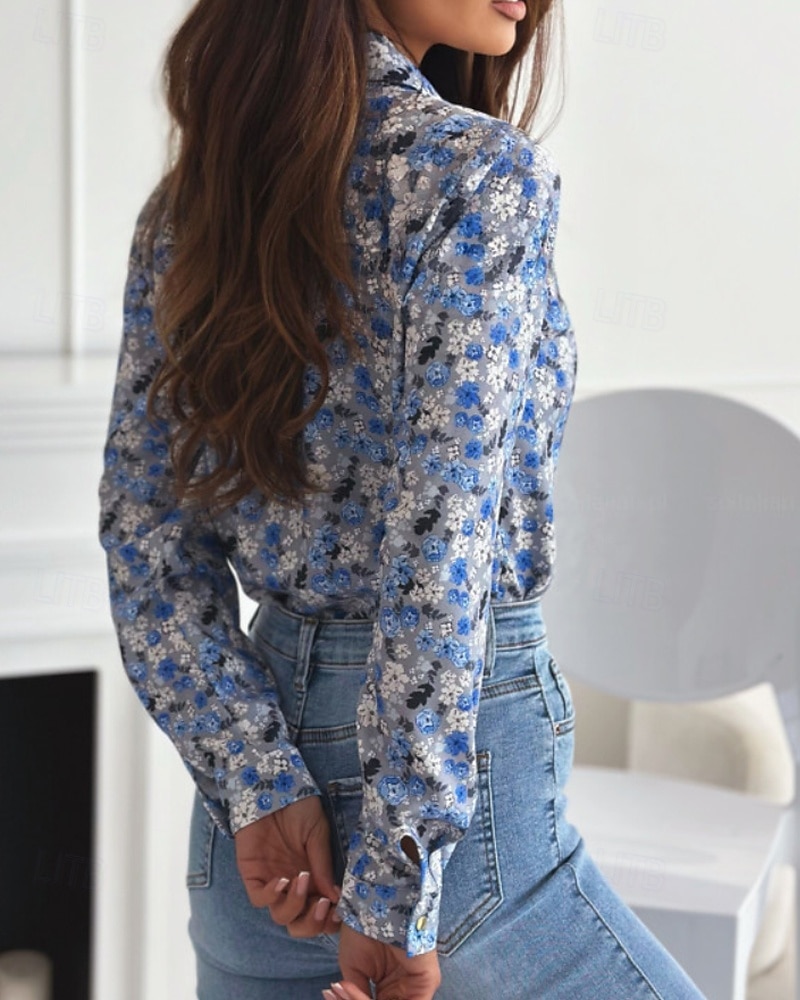 Damen Hemd Boho-Hemd Bluse Blume Modern Boho Langarm Hemdkragen Normale Oberteile Ferien Ausgehen Druck Weiß Königsblau Blau Braun Khaki Sommer 2025 - $18.99 –P16
