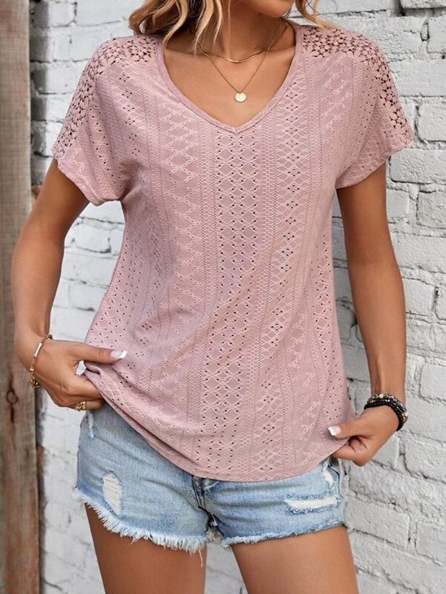 Femmes T-shirt Uni Mode Moderne Occasionnel Manche Courte Col en V Hauts Réguliers Quotidien Week-end Œillet Noir Blanche Jaune Rose Claire Été de 2025 ? $23.99 –P21