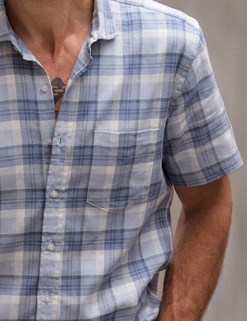 Men's Shirt Linen Shirt Summer Shirt Dress Shirt Plaid Shirt Button Up Shirt Plaid Casual Daily Wear Blue Short Sleeve Turndown Summer Clothing Apparel Front Pocket 2025 - $25.99 –P2